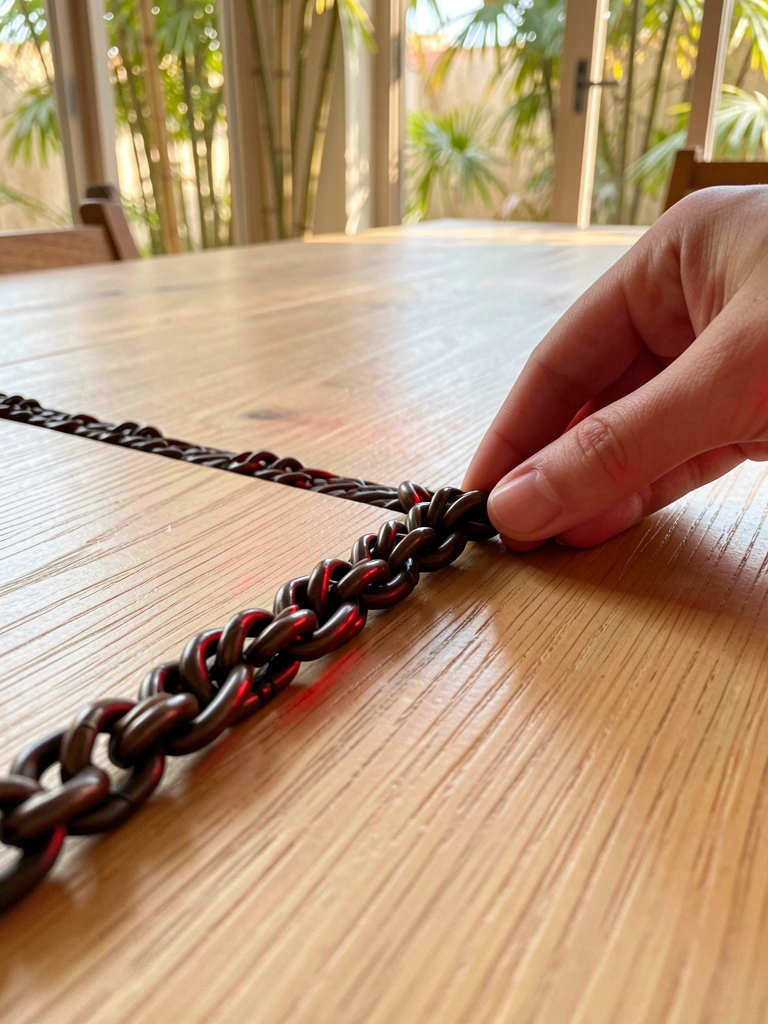Mão ajustando uma corrente metálica marrom-escura sobre mesa de madeira clara, com luz natural e bambus ao fundo.