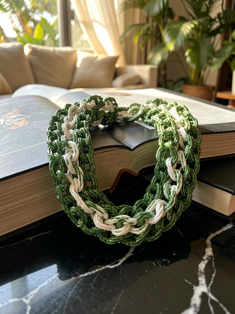 Colar texturizado verde e branco sobre livros em mármore preto, com reflexo de sofá e plantas ao fundo, luz natural.