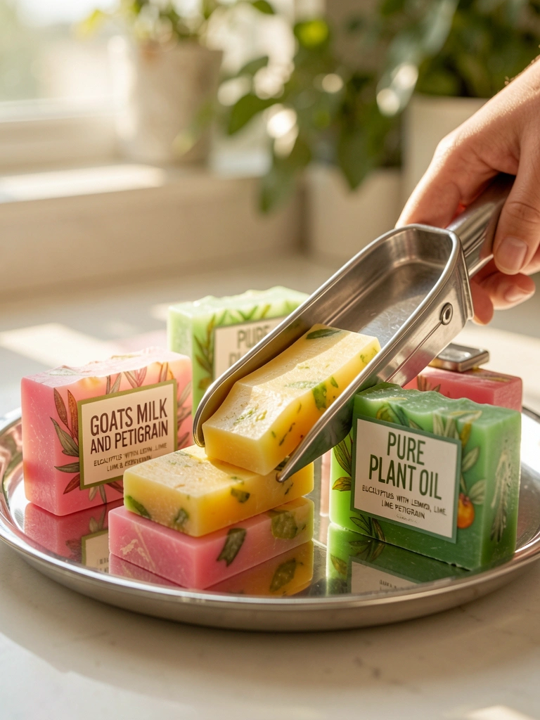 Fatiador de aço inoxidável sobre sabonetes botânicos australianos em tons de rosa, verde e amarelo, bandeja prateada refletindo luz natural, fundo desfocado com verde.