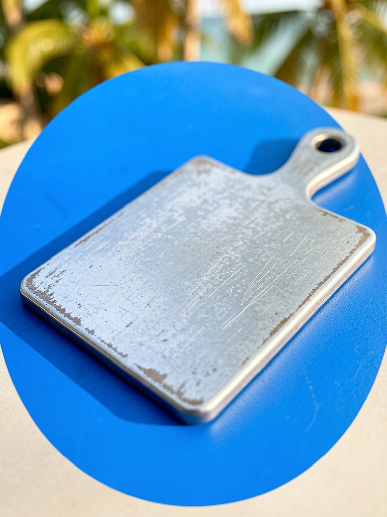 Tábua de corte de metal prateado com arranhões e alça, fundo azul vibrante e luz natural com bokeh.