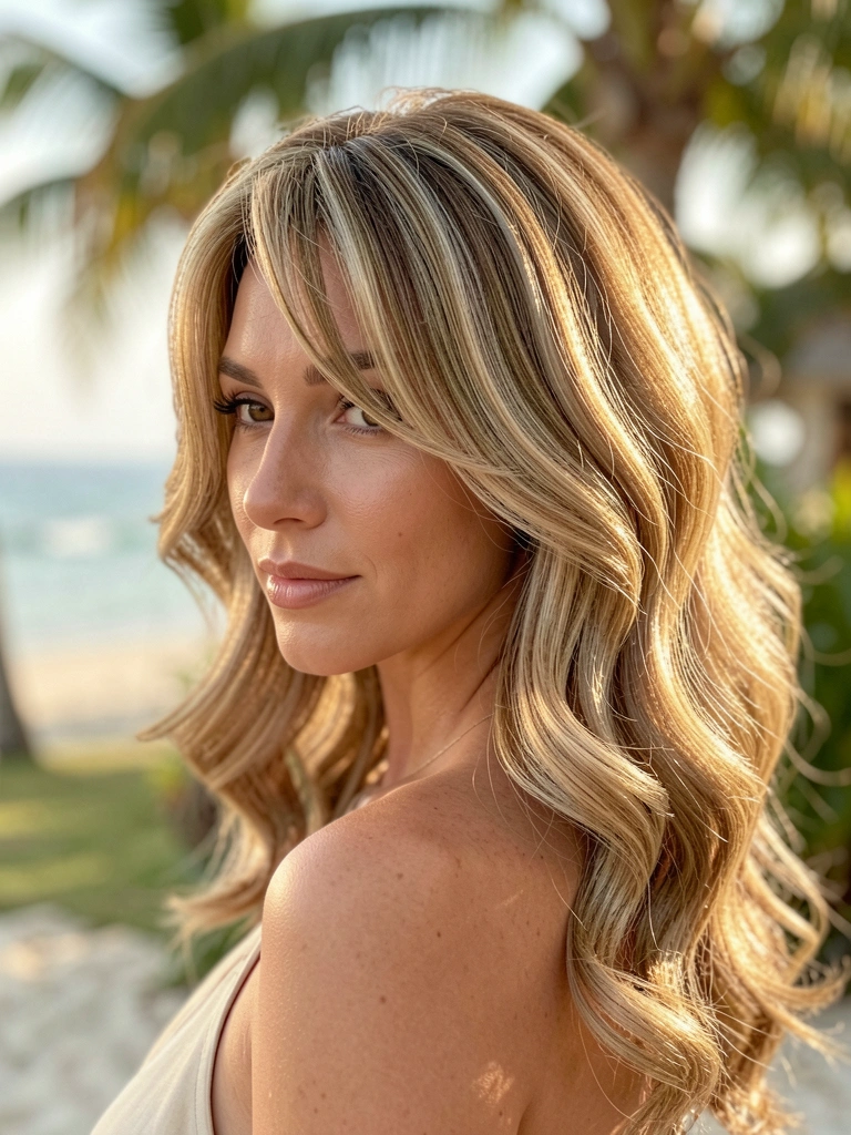 Mulher com cabelo borboleta em camadas, ondas volumosas com mechas loiras douradas e textura brilhante, luz natural suave e fundo tropical desfocado.