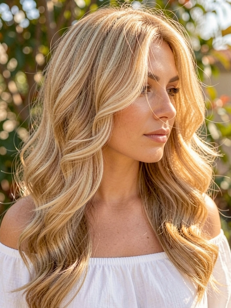 Mulher com cabelo loiro honey em corte borboleta, ondas volumosas, blusa branca off-shoulder, luz natural quente e fundo desfocado com folhagem.
