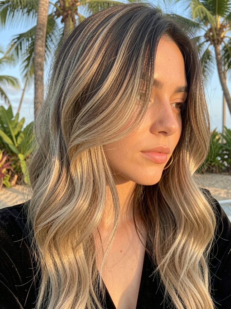 Jovem com cabelo corte borboleta em ondas suaves, raiz escura e pontas loiras, brinco de argola dourado e blusa de veludo preta, luz natural quente.