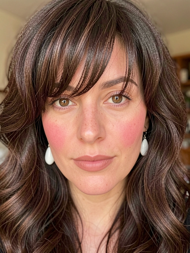 Close-up de mulher com cabelo castanho escuro volumoso e franja em camadas, brincos brancos em gota, luz natural suave e fundo desfocado.