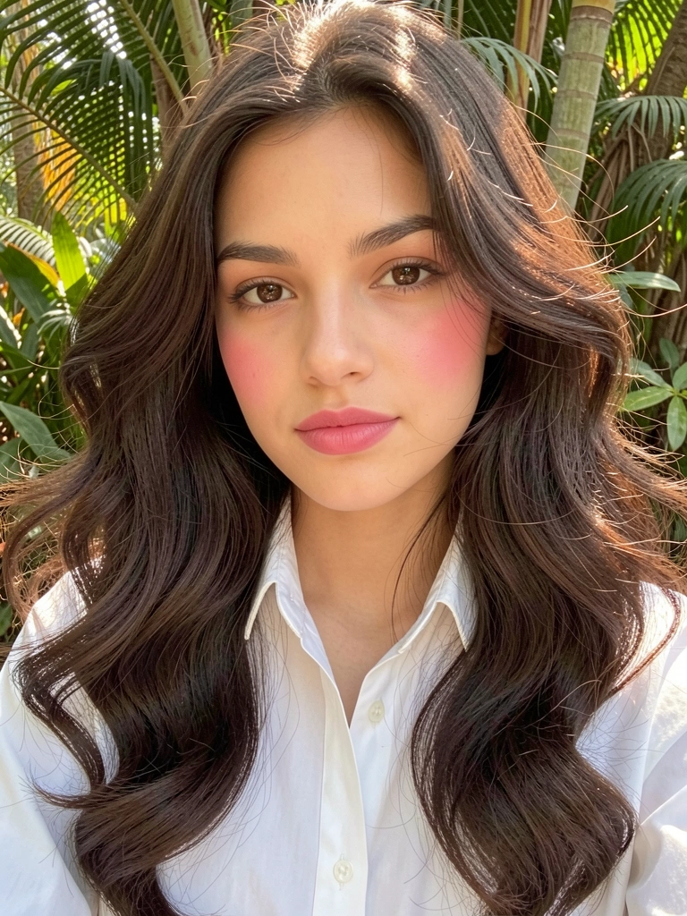 Jovem de cabelos castanhos ondulados, batom rosa e camisa branca, luz natural difusa e folhagem ao fundo.