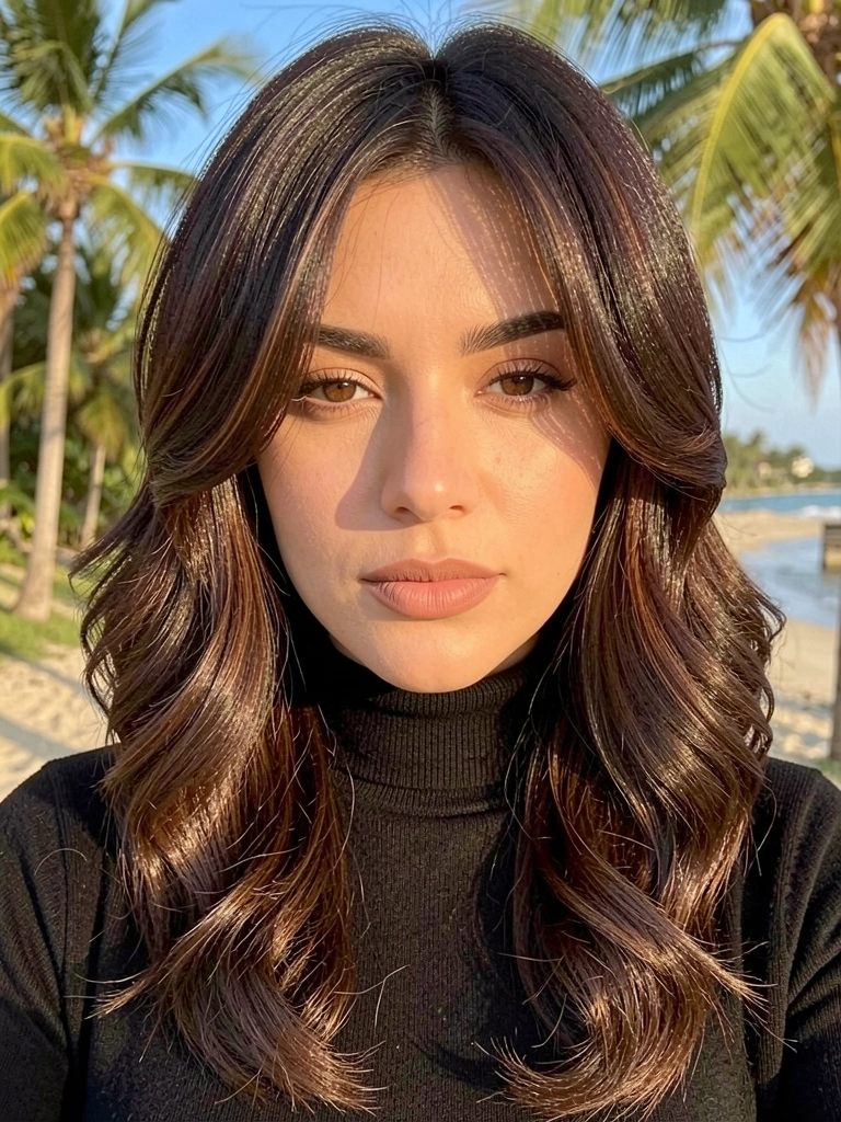 Retrato feminino close-up com cabelo castanho escuro em camadas volumosas e ondas suaves, usando gola alta preta, luz natural quente e fundo tropical desfocado.