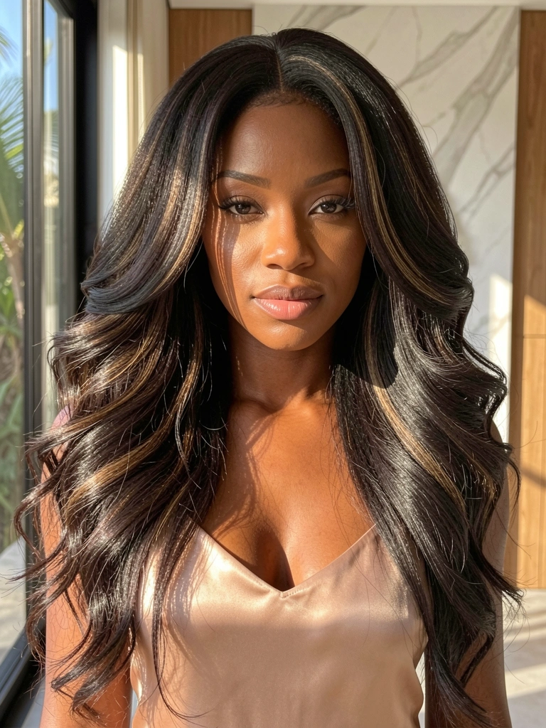 Mulher negra com cabelos longos e volumosos em camadas, usando camisola de seda nude, luz natural com sombras suaves e fundo desfocado com mármore e madeira.