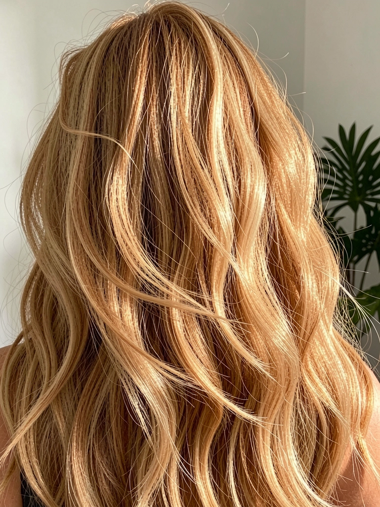 Cabelo longo ondulado em tons de loiro mel e caramelo, com camadas em corte borboleta ao vento, planta verde escura ao fundo e luz solar difusa.