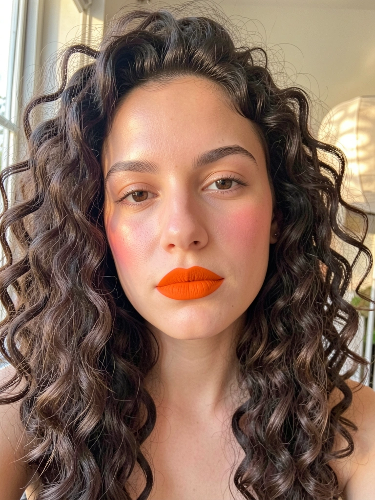 Jovem com cabelo cacheado escuro e batom laranja vibrante, olhando para a câmera com luz natural difusa ao fundo.