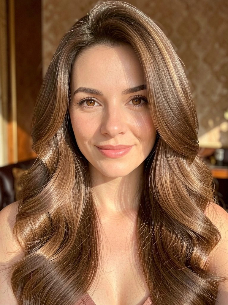 Mulher de cabelos castanhos ondulados e volumosos, sorriso sutil, iluminação natural suave destacando a textura dos fios, fundo levemente desfocado com tons quentes.