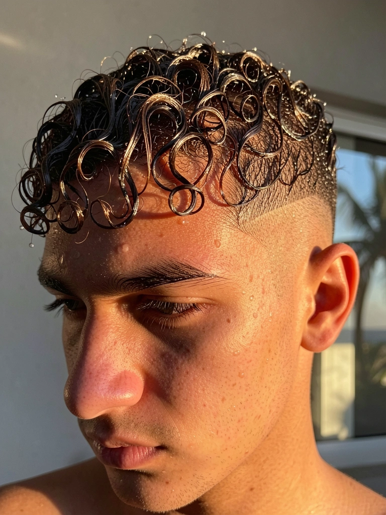 Jovem com cabelo crespo molhado e brilhante, corte undercool texturizado, luz solar refletindo nos fios, fundo cinza desfocado com reflexo de janela.
