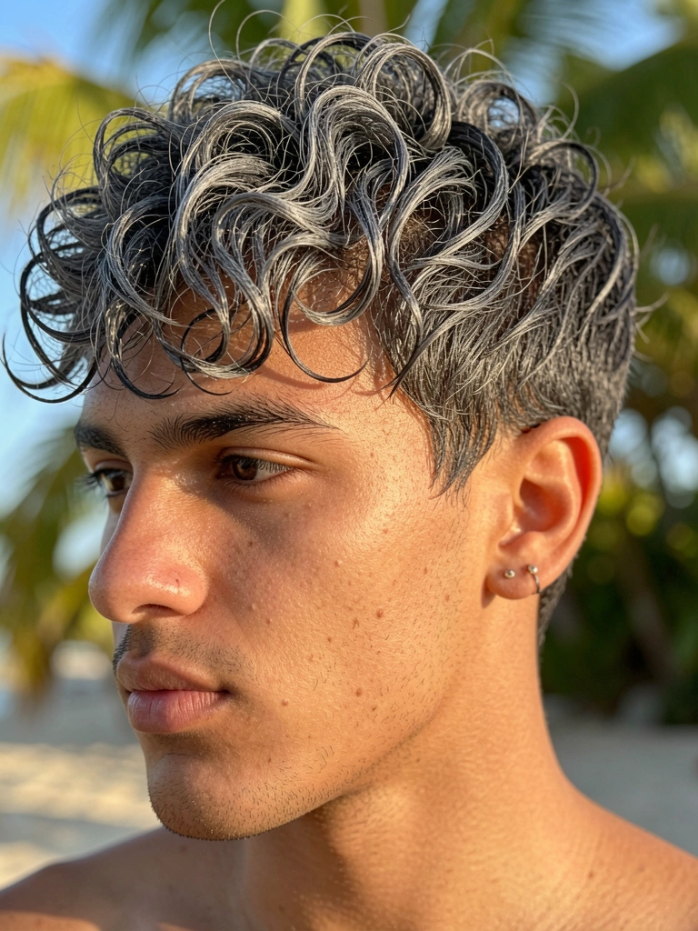 Jovem com cabelo crespo cinza-escuro molhado, corte em pontas, piercing na orelha, luz natural quente, fundo tropical desfocado.