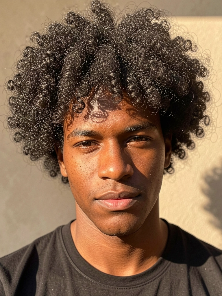 Jovem negro com cabelo afro texturizado, camiseta preta, luz natural quente e fundo bege desfocado.