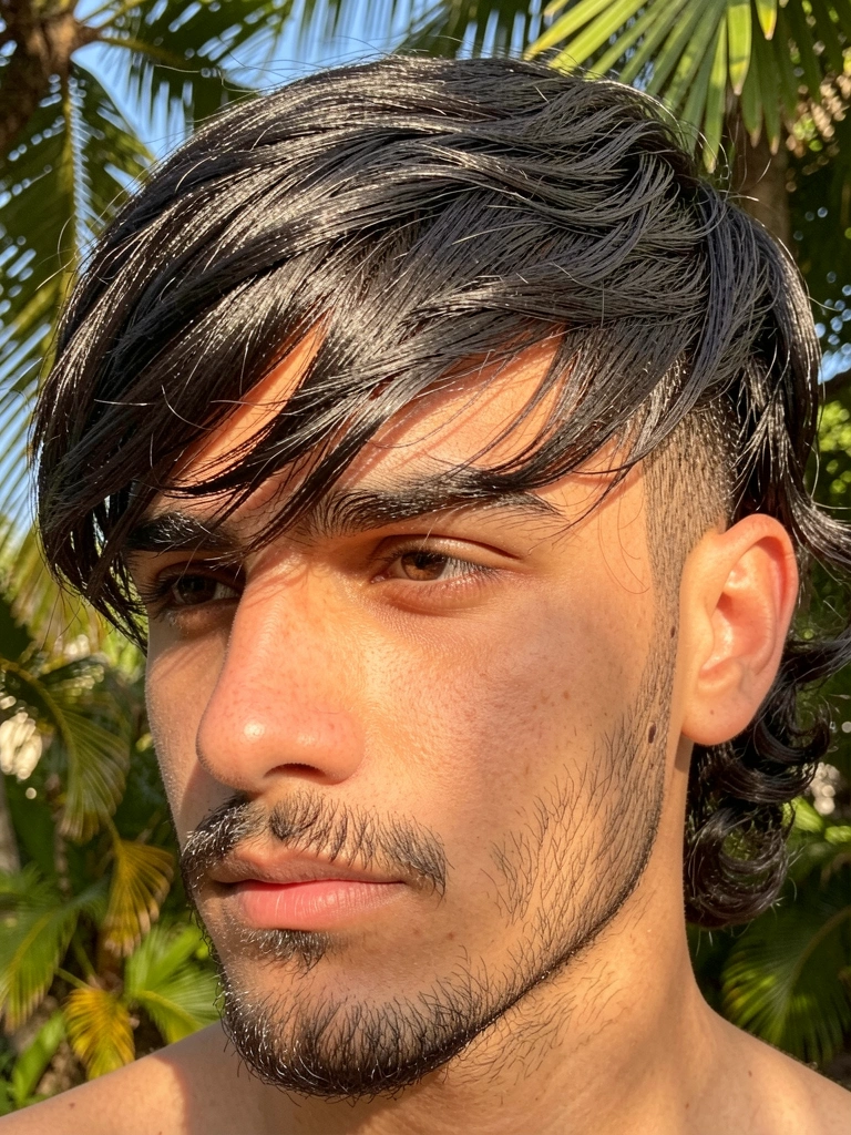 Jovem com cabelo texturizado, franja curta e ondulações laterais, barba feita, luz natural filtrada por folhas.