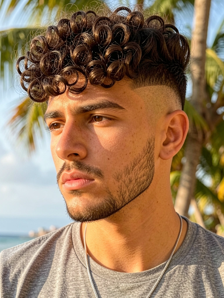 Jovem com cabelo cacheado escuro volumoso e barba rala, camiseta cinza e colar de prata, luz natural do dia.