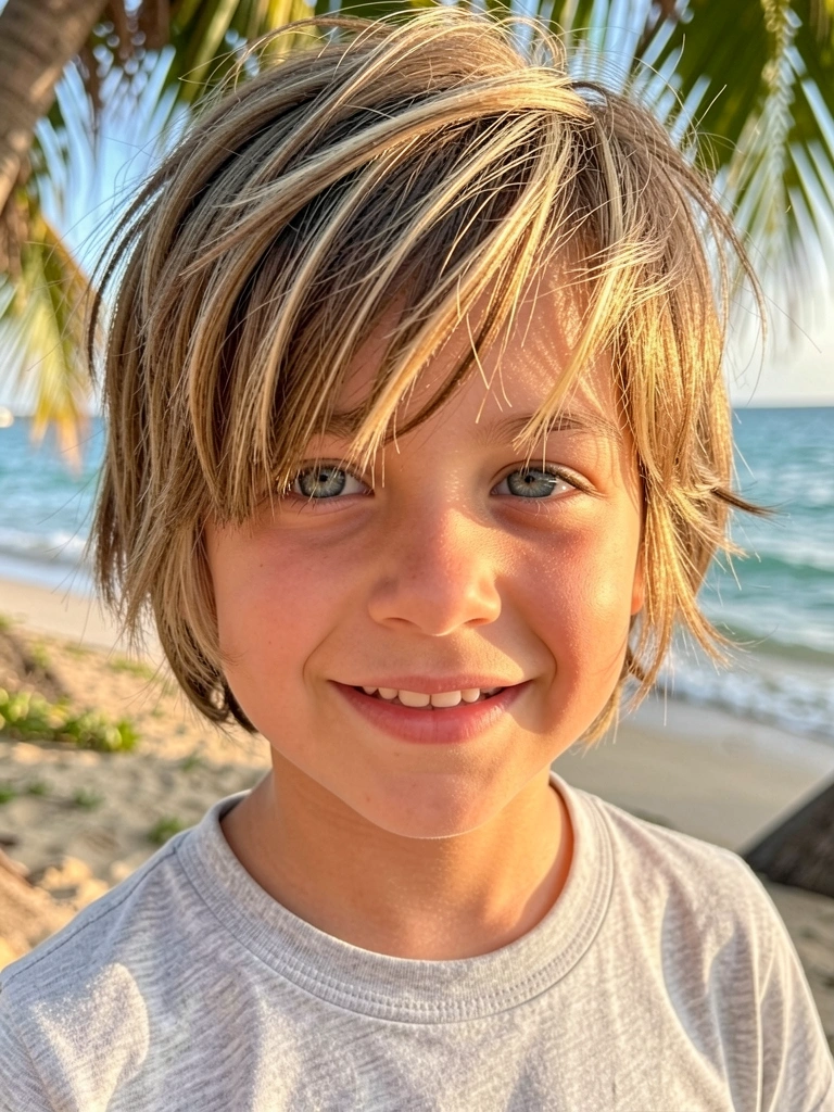 Menino de cabelo castanho claro com luzes loiras, corte bob em camadas, franja desfiada, olhos azuis, camisa cinza clara, luz natural e fundo com brisa costeira.