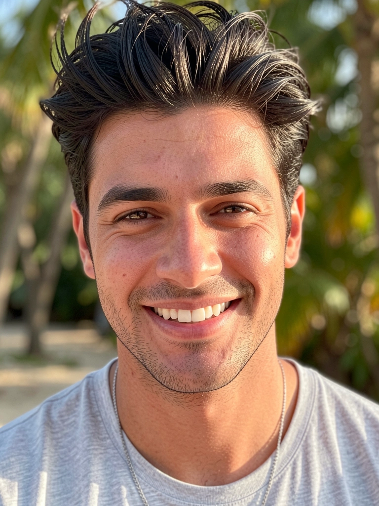Homem com cabelo texturizado e sorriso genuíno usando camiseta cinza e corrente de prata, luz natural suave e fundo desfocado com folhagens.