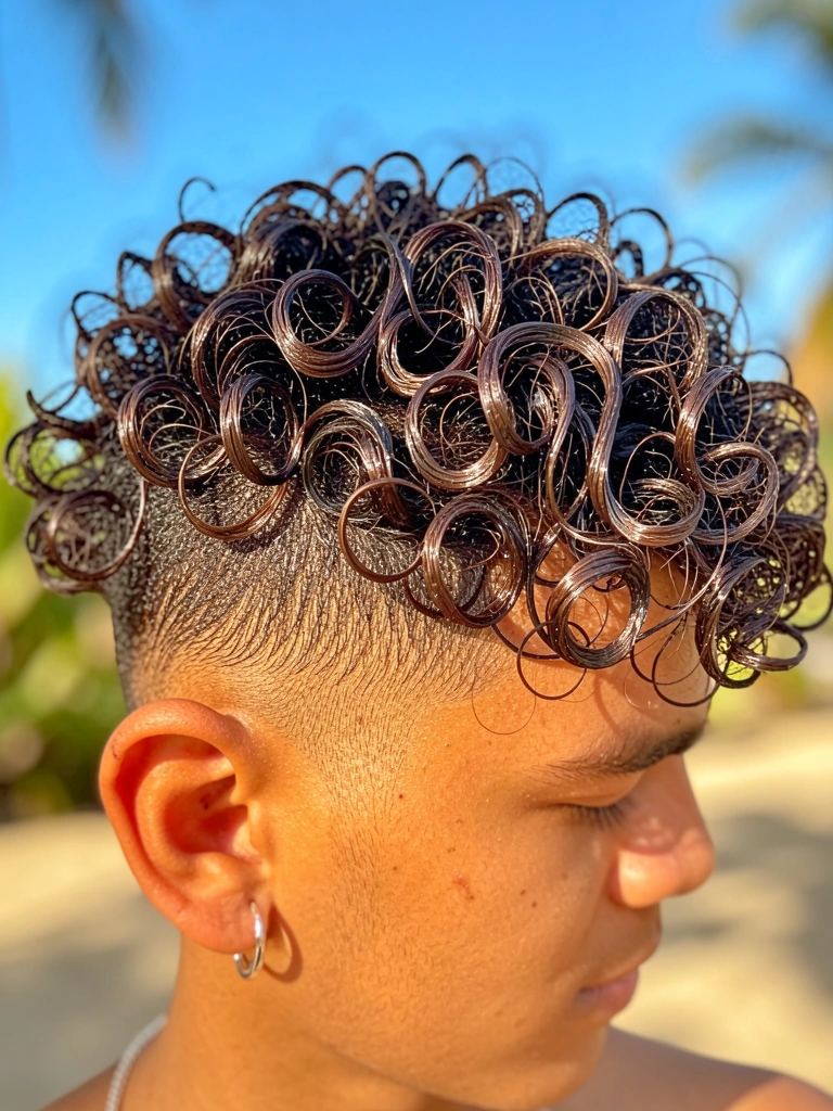 Jovem com cabelo cacheado molhado e brilhante, degradê texturizado e brincos prateados, céu azul ao fundo.