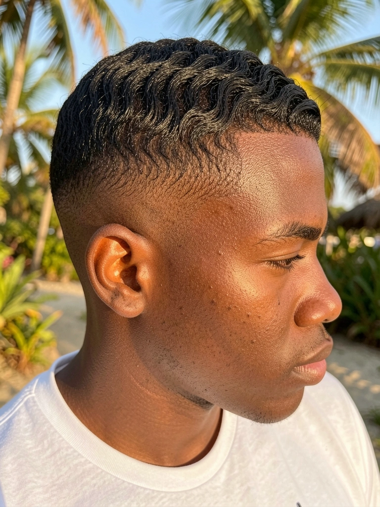 Jovem negro com corte degrade texturizado e ondas definidas, luz natural tropical, fundo levemente desfocado.