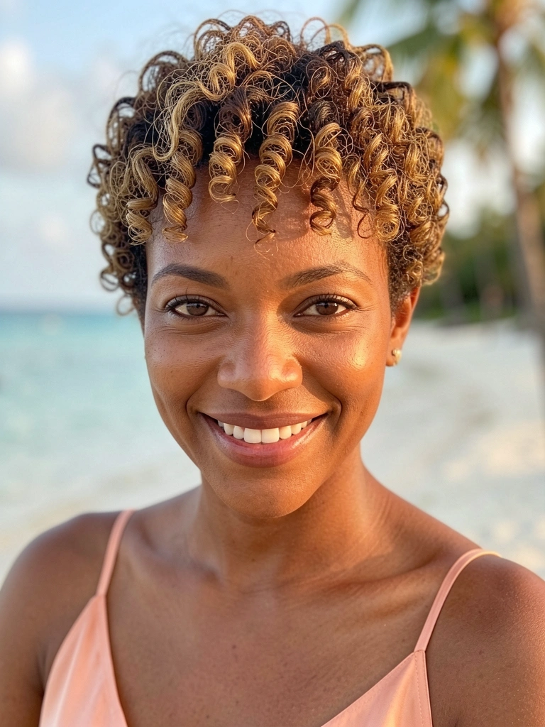 Retrato de mulher negra com cabelo crespo curto e definido, vestindo seda pêssego, luz natural e mar ao fundo desfocado.