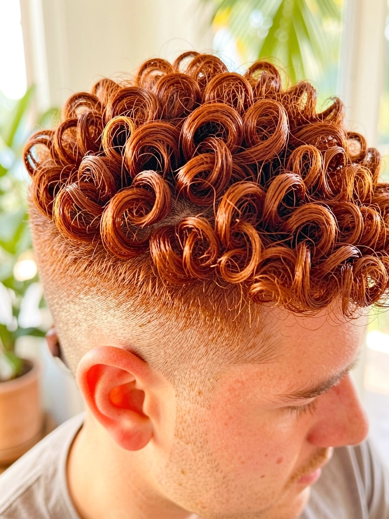 Cabelo cacheado ruivo vibrante com undercut moderno, iluminado por luz natural suave, fundo desfocado.