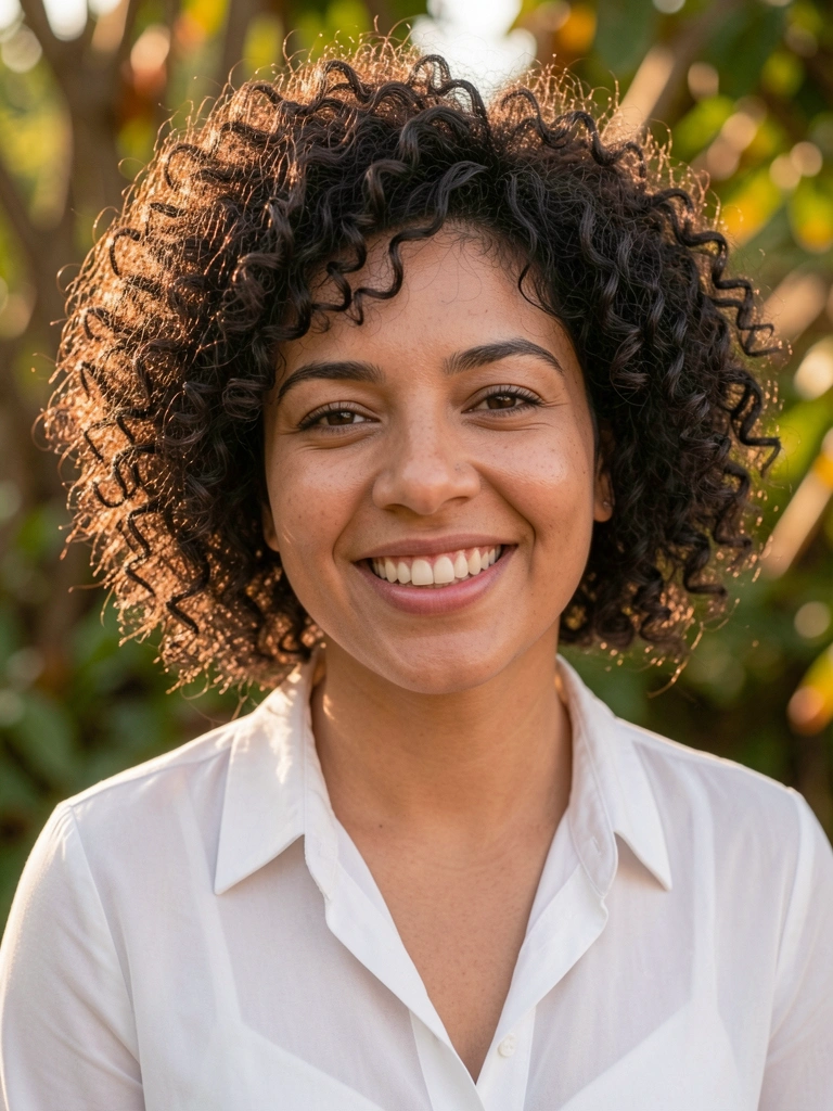 Mulher com cabelo cacheado curto e blusa branca translúcida, sorrindo com luz dourada filtrada por folhagem ao fundo.