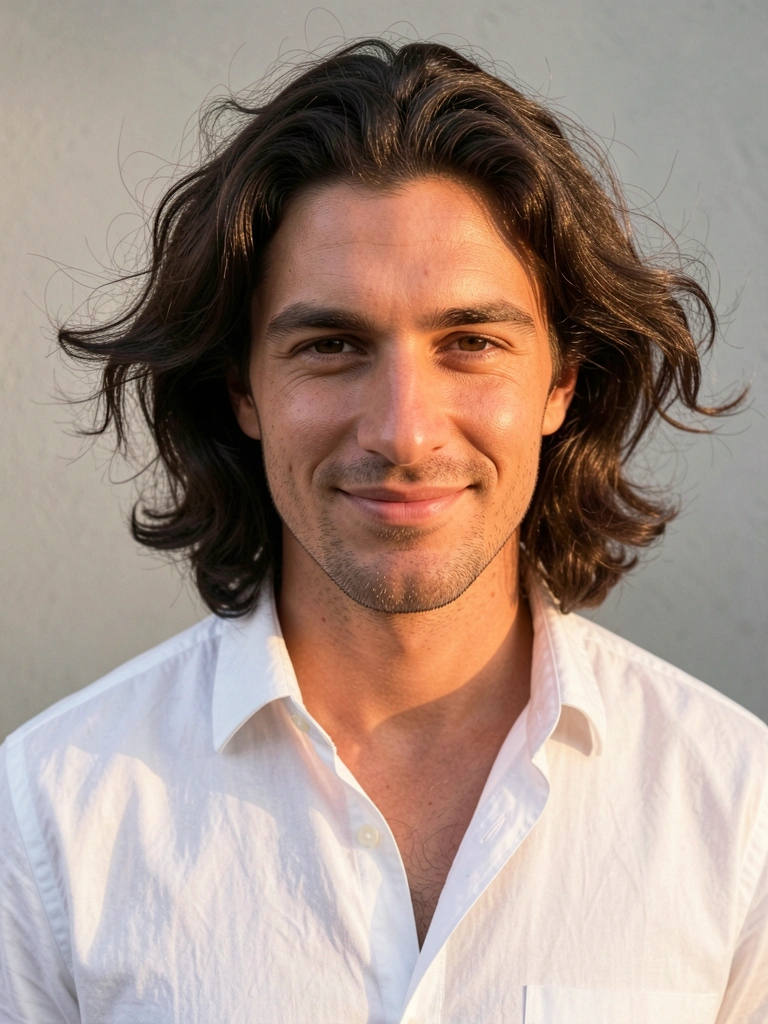 Homem de cabelos castanhos longos e ondulados ao vento, camisa branca com textura, fundo cinza neutro com luz natural difusa.