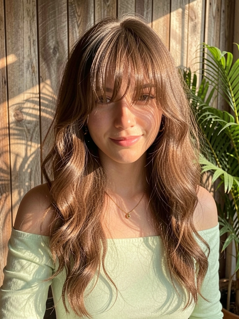 Jovem de cabelo castanho ondulado com franja longa, blusa verde clara off-shoulder, sorriso sutil, parede rústica de madeira e planta verde ao fundo, luz natural filtrada.