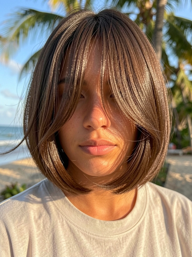 Jovem com cabelo bob moderno e camisa oversized, luz natural tropical e fundo desfocado.