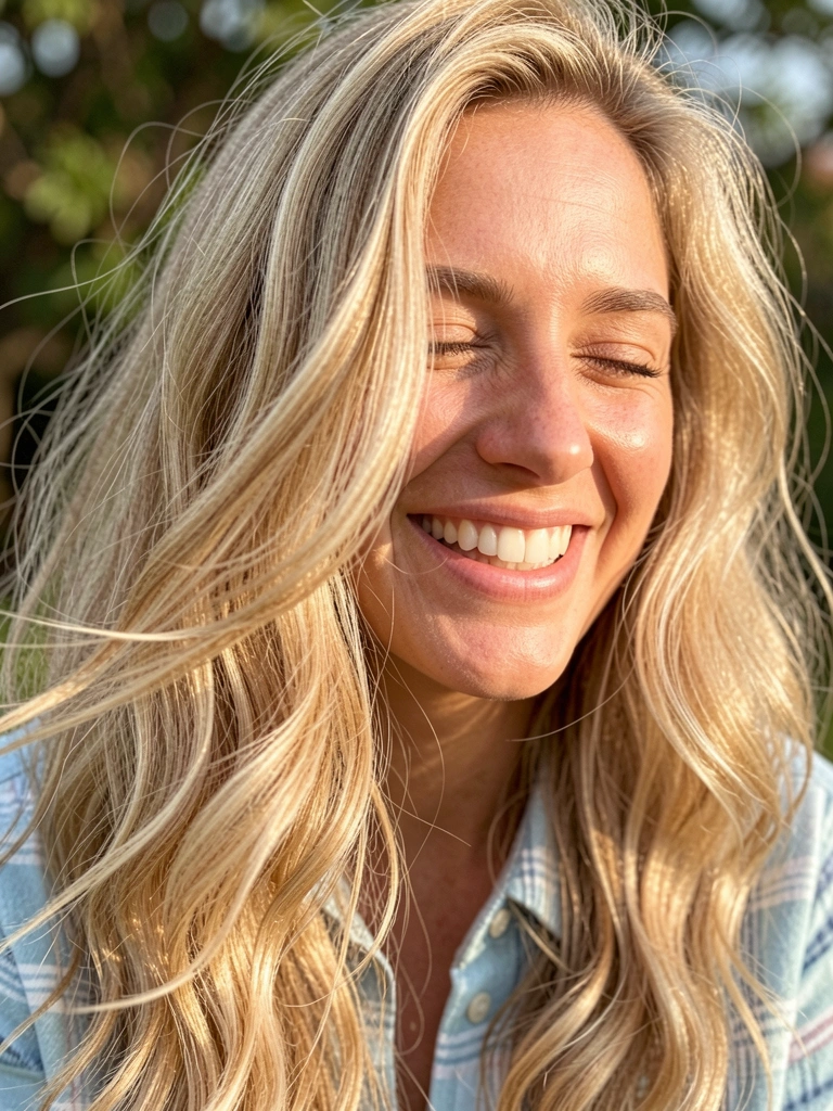 Mulher de cabelo loiro ondulado e camisa xadrez azul e branca, sorrindo com olhos semi-fechados, luz natural suave e fundo desfocado com folhagem.