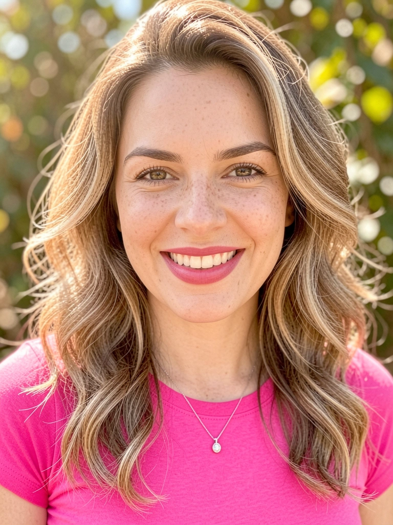 Close-up de mulher de cabelo castanho claro com mechas loiras, sardas sutis e sorriso genuíno, camisa rosa vibrante e colar de prata com pingente, luz natural difusa e fundo desfocado.