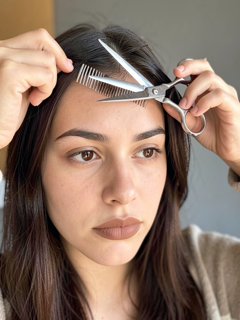 Jovem de cabelo escuro segura tesoura de prata contra a raiz do cabelo, luz natural difusa no rosto, fundo cinza desfocado.