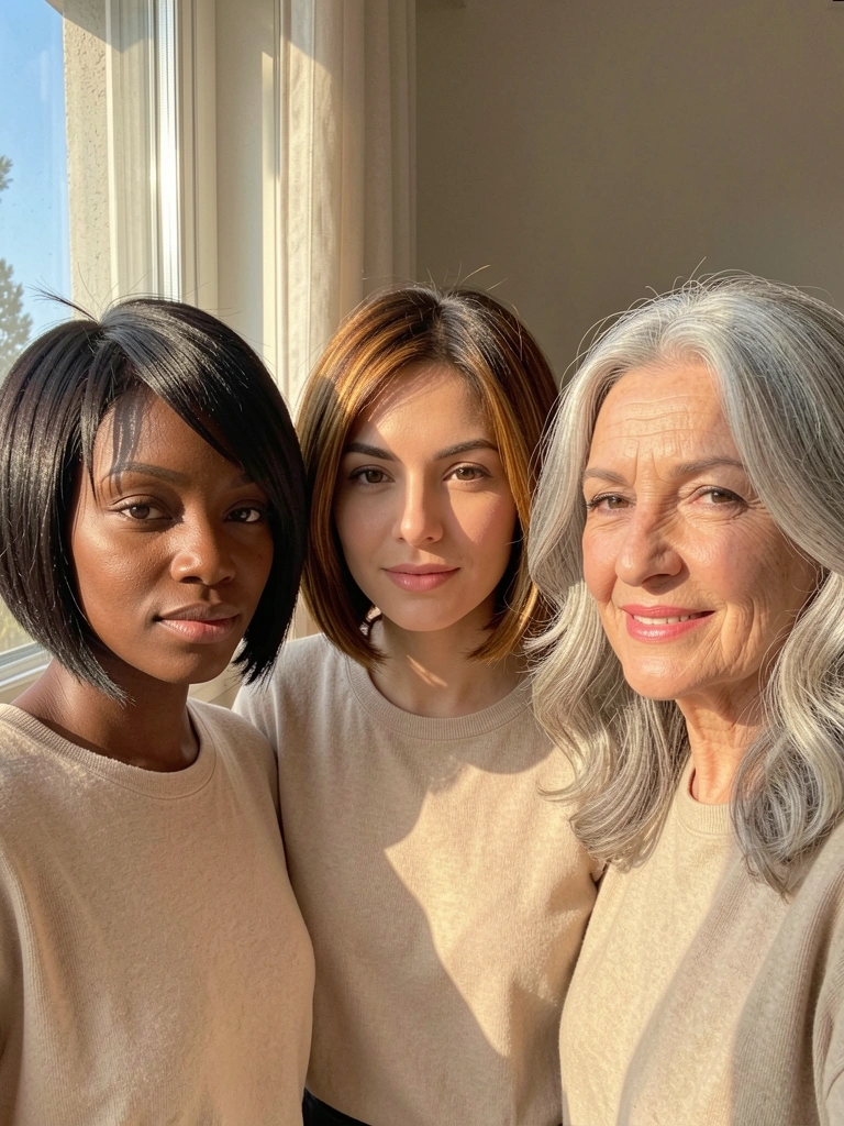 Luz natural de janela ilumina três mulheres com cortes desconectados: bob assimétrico em pele negra, bob texturizado com mechas carameladas e ondas prateadas em cabelo grisalho.