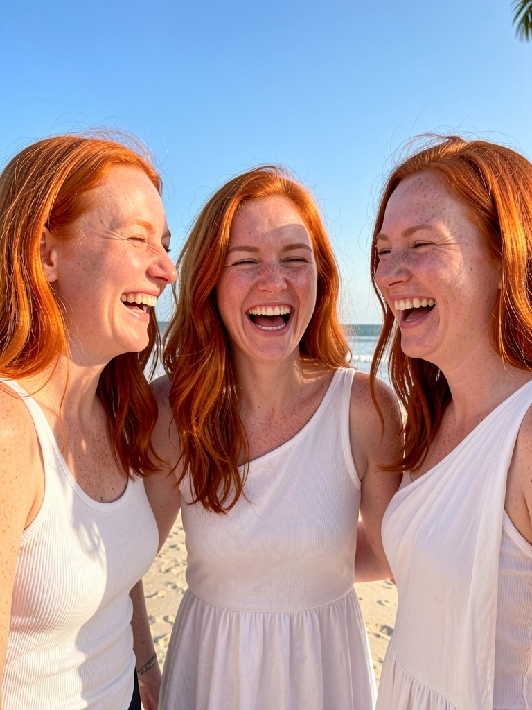 Três mulheres de cabelos ruivos vibrantes sorrindo, com peles iluminadas pela luz natural do dia, usando tops brancos de ribana e um vestido solto de um ombro só, ao fundo praia ensolarada e céu azul.