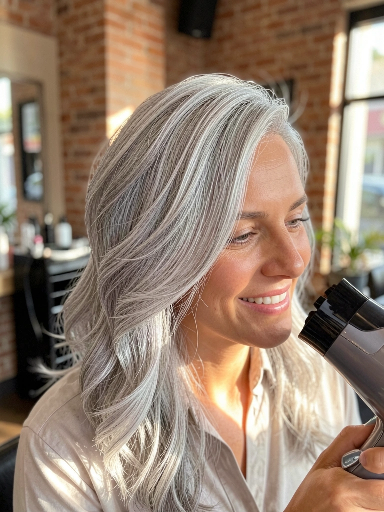 Mulher de cabelo grisalho secando os fios com secador profissional, sorriso genuíno iluminado por luz natural, fundo de salão com tijolos à vista.