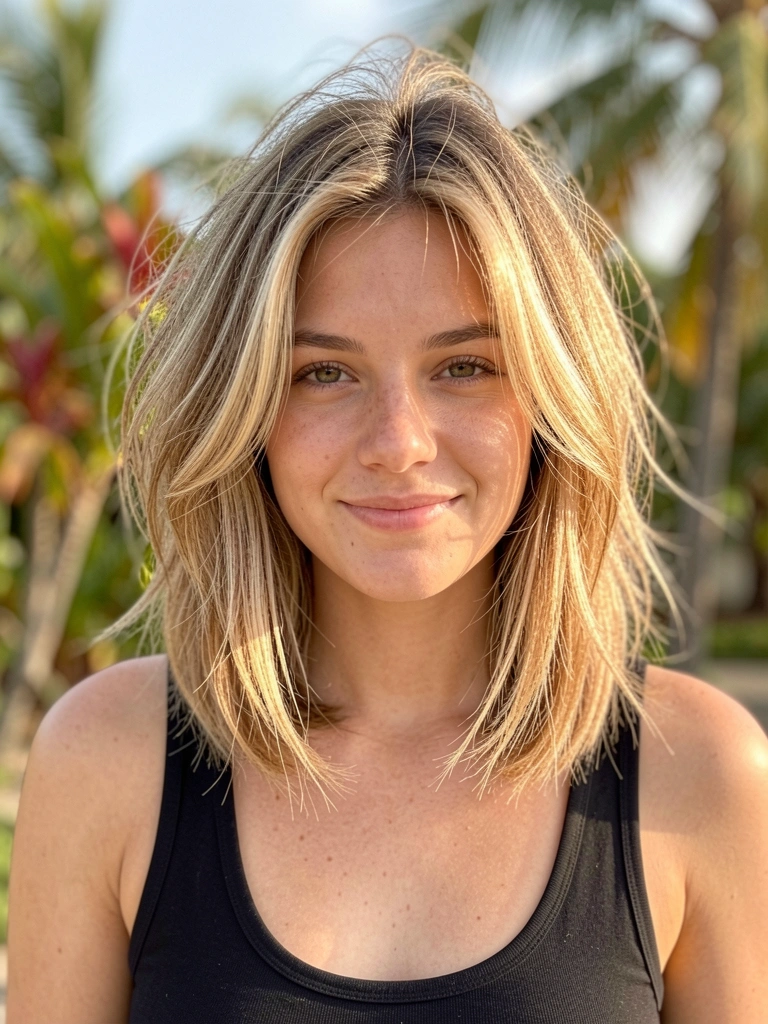 Jovem de cabelo loiro mel texturizado com balayage, blusa preta, fundo desfocado com folhagens tropicais, luz natural.