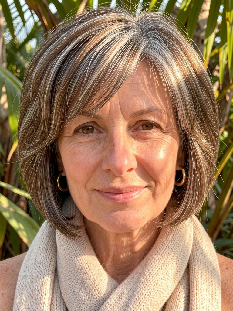 Mulher madura com cabelo castanho e grisalho em corte bob moderno, cachecol de tricô bege e brincos de argola dourados, luz natural filtrada por folhagens.