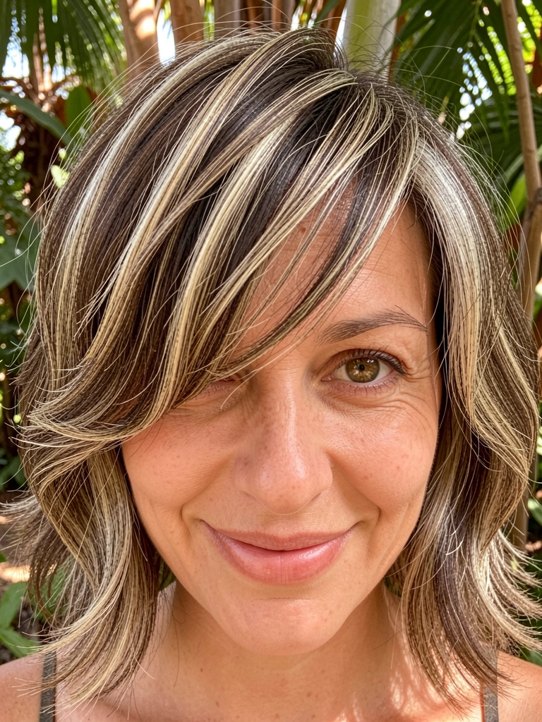 Retrato feminino com cabelo em camadas castanho e loiro, ondas volumosas sobre a testa, olhos castanhos e sorriso genuíno sob luz difusa, fundo tropical desfocado.