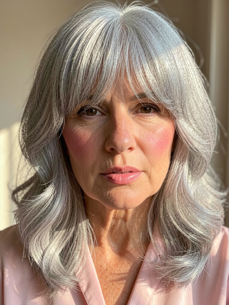 Mature woman with silver gray curtain bangs, soft waves, light pink blouse, warm sunlight from window, shallow depth of field.