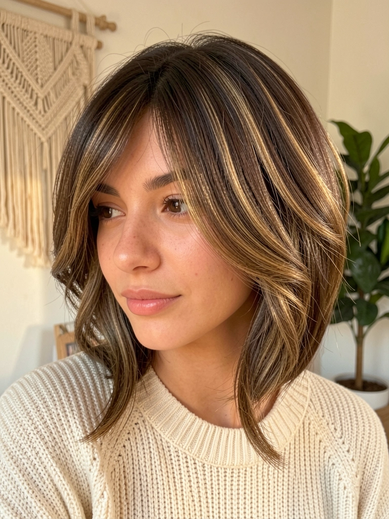 Jovem com cabelo castanho balayage ondulado, suéter creme, fundo desfocado com tapeçaria e planta, luz natural quente.