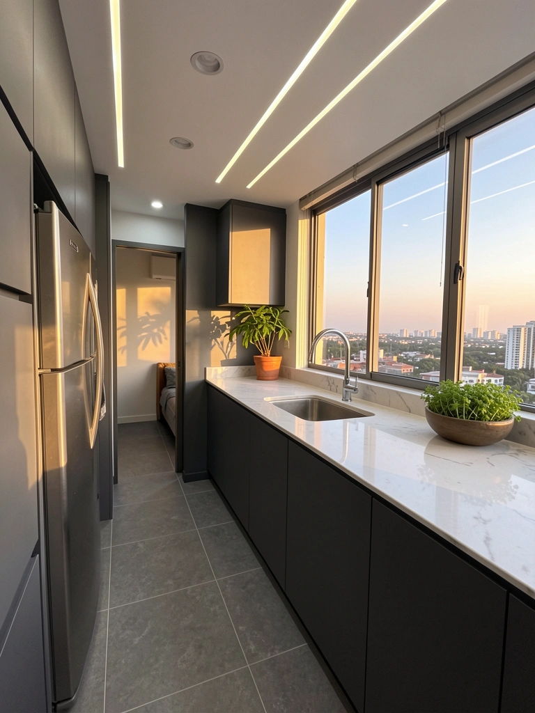 Cozinha com armários cinza escuro, bancada de mármore branco e torneira cromada; luz natural incide sobre vaso de planta e tigela de ervas, com vista urbana ao entardecer pela janela.