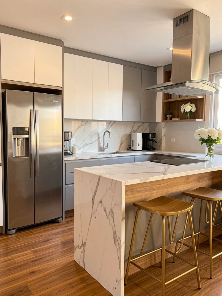 Bancada de mármore branco com ilha de madeira, banquetas douradas e geladeira inox em cozinha iluminada por luz natural.