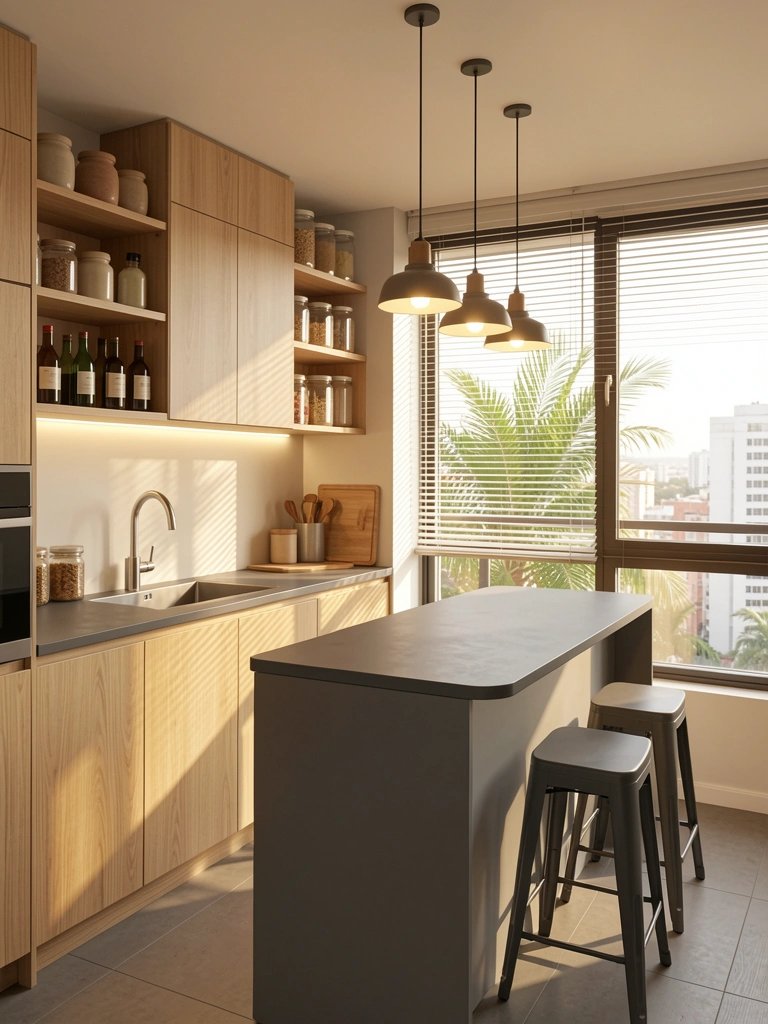 Cozinha modular com armários de madeira clara, bancada cinza escura e pia de aço inoxidável sob fita de LED, luz natural entrando por janela com persianas