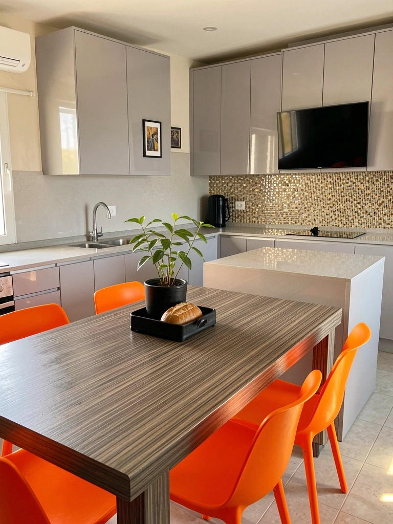 Luz natural incide sobre mesa de madeira com cadeiras laranja, armários cinza brilhantes e parede de mosaico.