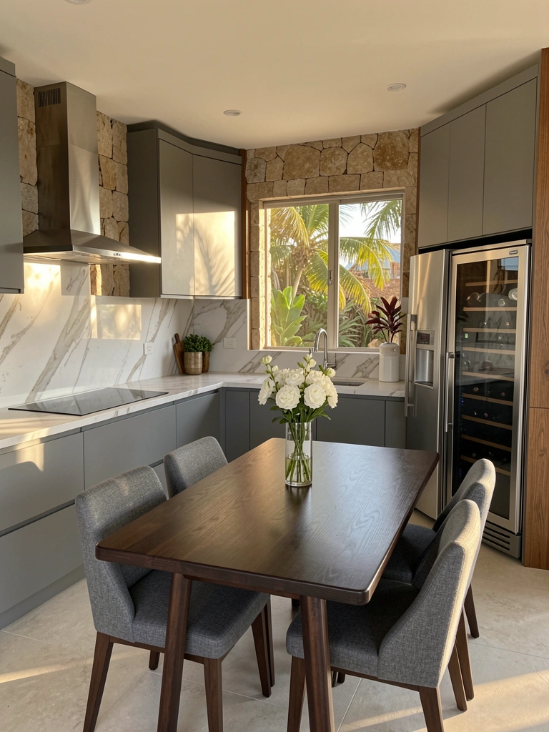 Gray cabinets, white marble countertop, stainless steel range hood and refrigerator, dark wood table with white flowers in a minimalist U-shaped kitchen, warm natural light.