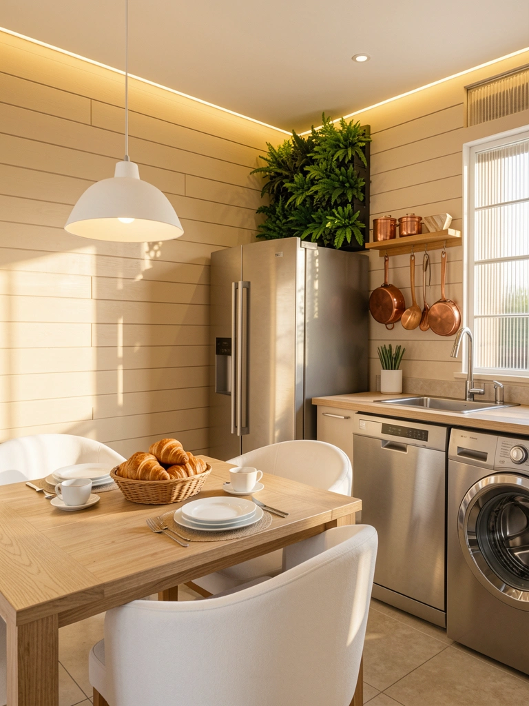 Parede shiplap bege com iluminação LED embutida, geladeira inox e jardim vertical de folhagens verdes.