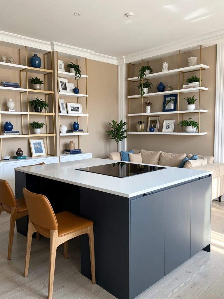 Luz natural incide sobre ilha de quartzo branco com cooktop, mesa de madeira clara e cadeiras âmbar, parede com prateleiras abertas e sofá bege ao fundo.