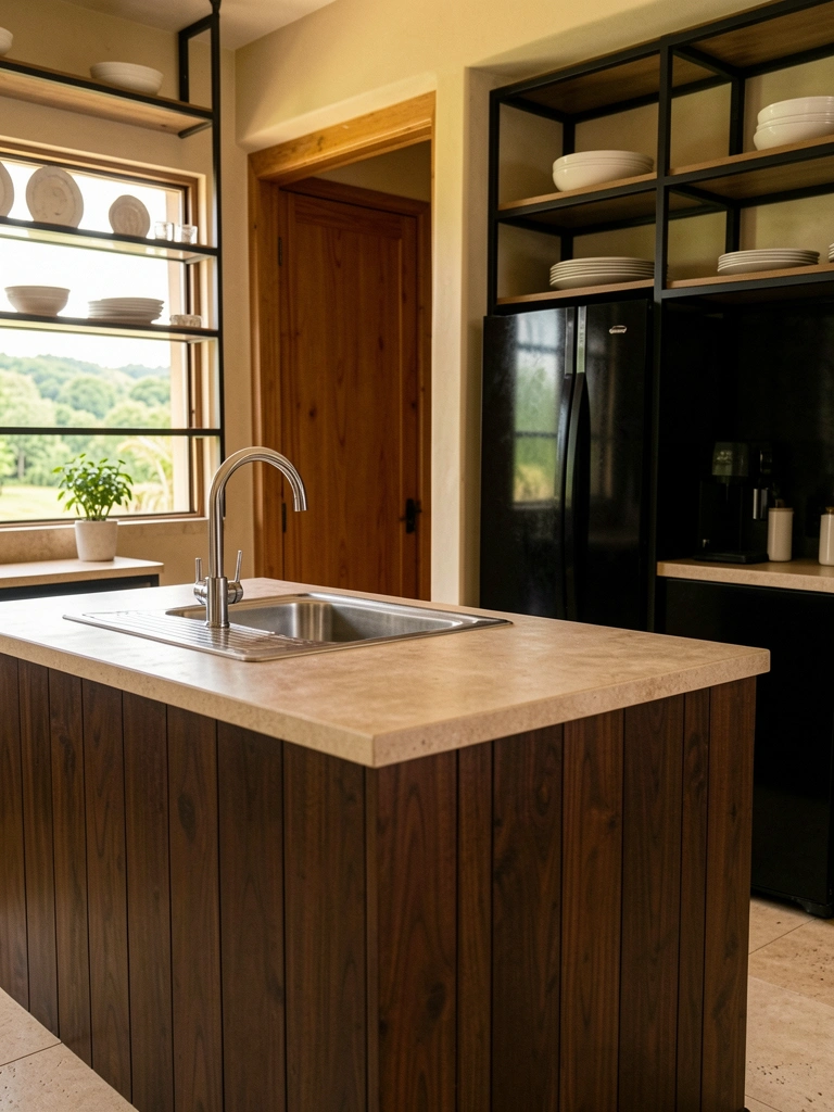 Bancada bege com pia de aço inox, geladeira preta e ilha de madeira escura, luz natural suave sobre o balcão.