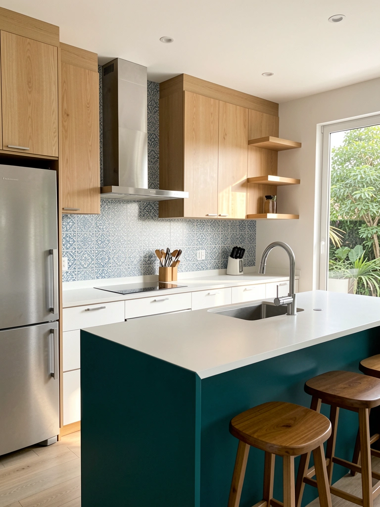 Armários de madeira clara e ilha verde-escura em cozinha minimalista, com bancada branca, azulejos azuis e claraboia natural.