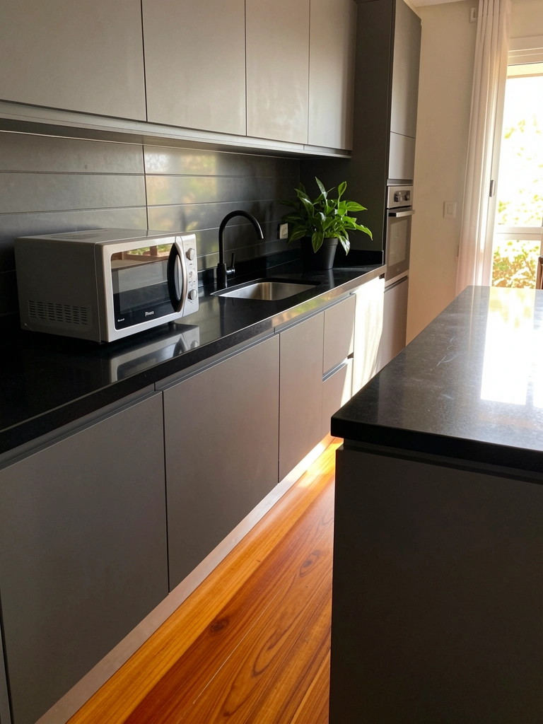 Cozinha com armários cinza escuro, bancada preta com borda em cascata e pia de aço inoxidável, piso de madeira polida reflete luz natural, micro-ondas Philco e vaso de planta verde sobre a bancada.
